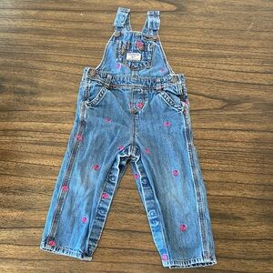 OshKosh B'gosh Blue Overalls with Pink Embroidered Bird Accents size 24 months